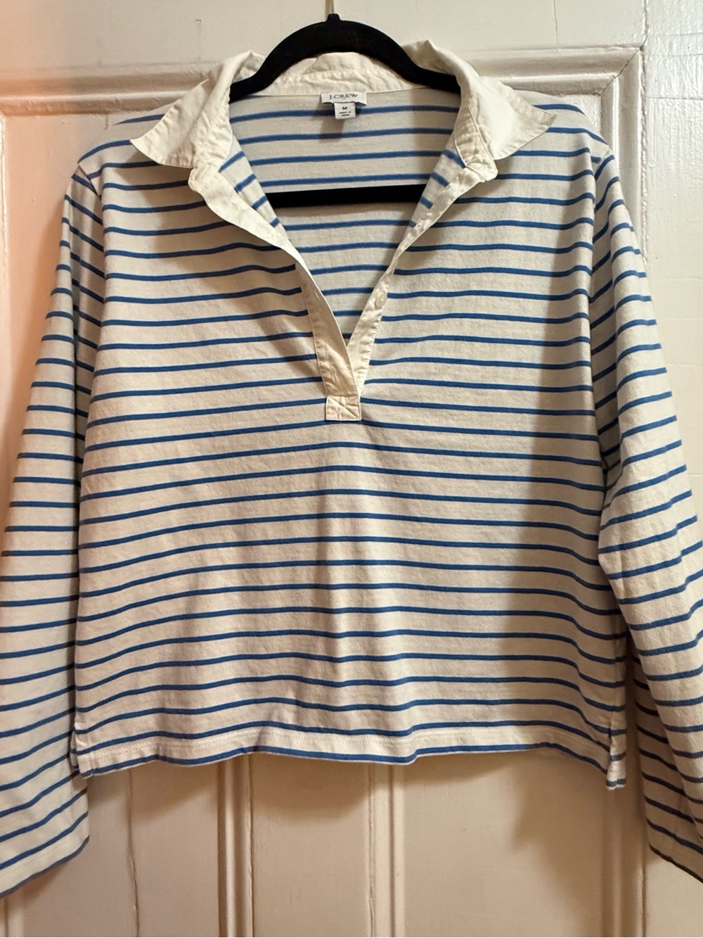J. Crew Cream and Blue Striped Long-Sleeve Polo